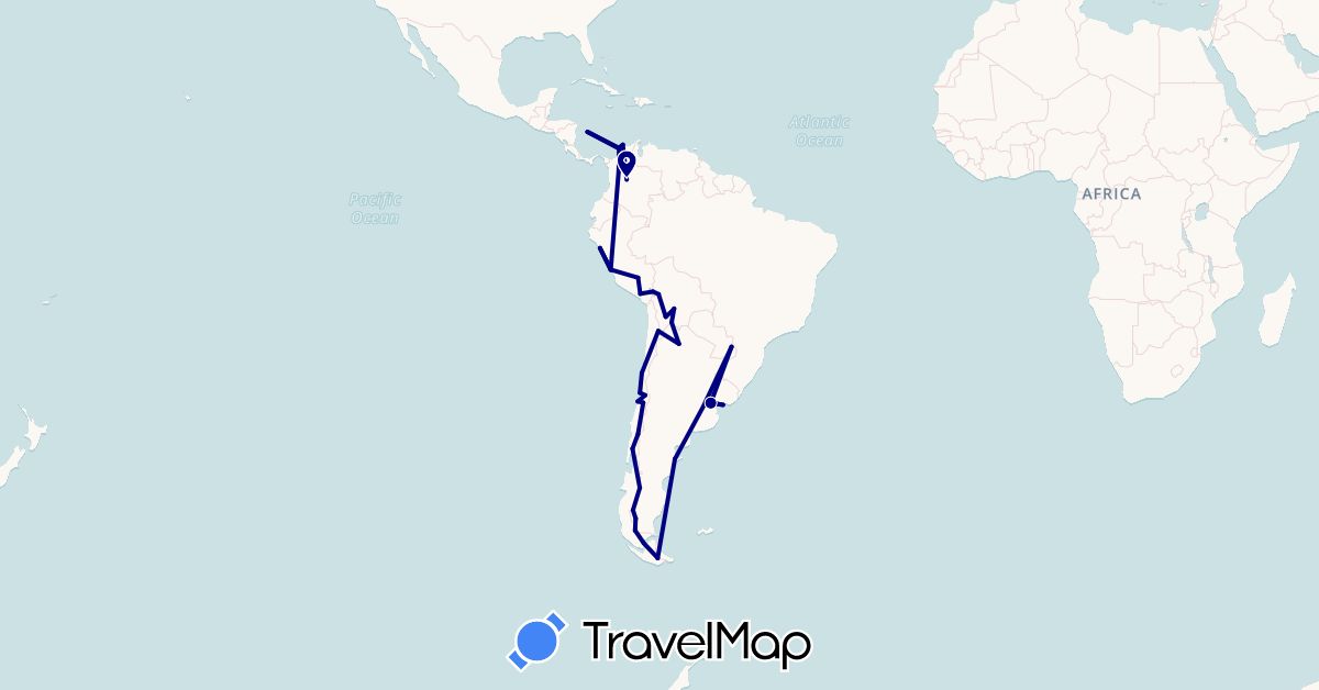 TravelMap itinerary: driving in Argentina, Bolivia, Chile, Colombia, Peru, Uruguay (South America)
